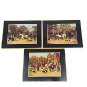 3pc Pimpernel Tally Ho Black Hunt Hounds Meet Table Cork Placemats England XL